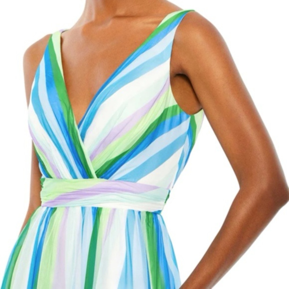 MAC DUGGAL | blue green multicolor stripe plunge maxi gown 4 - Picture 3 of 14